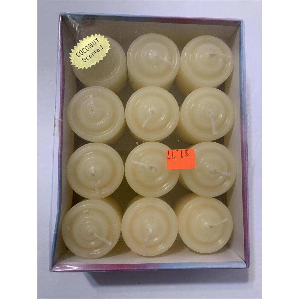 Vintage Box of 12 Coconut Scented Smokeless Votive Candles 10 HR. Burn Time 1996